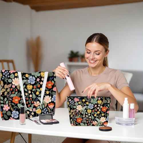 Aesthetic Floral Tote Bag Makeup Bag Flower Decor Gifts for Girls Christmas Shopping Grocery Bags Cosmetic Bags