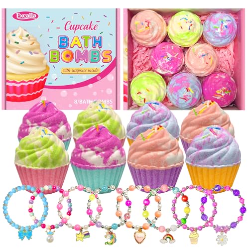 Bath Bombs for Kids with Surprise Jewelry Inside, 8 Cupcake Bath Bombs for Girls Gift Set, Handmade Fizzes Balls with Rich Bubble Bath, Ideal for Chrildren Birthday Christmas
