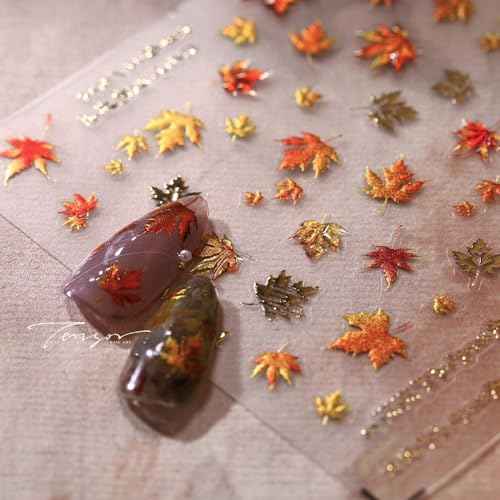 5D Embossed Autumn Maple Leaves Nail Stickers for Nail Art Thanksgiving Day Nail Art Stickers Fall Nail Decals Self-Adhesive Gold Maple Leaf Nails Sticker for Women Girls Nail Supplies
