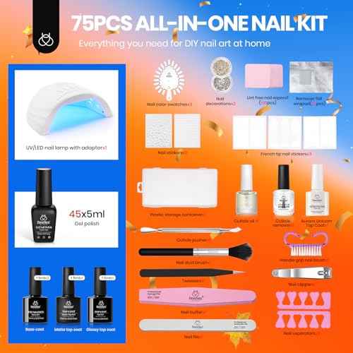 Beetles Gel Nail Polish Kit with U V Light-75PCS Chic Outfits 45 Colors Gel Polish Starter Kit,Soak Off All Season Gel Nail Kit with 5PCS Base Top Coat Nail Art Tools-Perfect Manicure Kit for Women