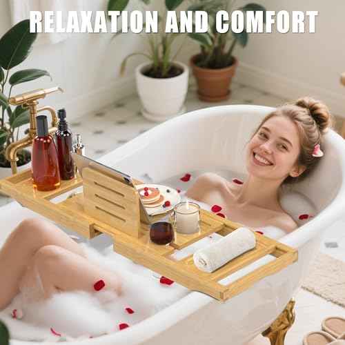 Bathtub Tray Caddy,Premium Bamboo Expandable Bath Tub Trays Table, Foldable Bathroom Accessories,Great House Warming, Anniversary and Birthday Gifts,Natural