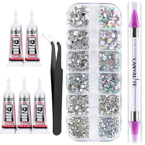 Canvalite 2784PCS Rhinestones Crystal AB Rhinestones for Nail with 5Pcs 3ml B7000 Jewelry Glue and Pick Up Tweezers and Nail Rhinestone Picker, Nail Art Tools,Stocking Stuffers Gifts for Women