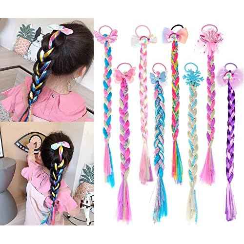 8 Pieces Colored Braids Hair Extensions with Rubber Bands Ponytails Hair Bows Rainbow Color Synthetic Hairpieces Glitter Braided Hair Extensions for Women Kids Girls Party Highlights Cosplay Dress Up