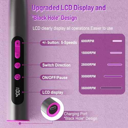 Electric Nail Drill Professional, 35000RPM Cordless Acrylic Nail Kit for Nail Polish Remover, Electric Nail File Buffer Grinder, Nail Filer Electric Manicure and Pedicure kit (Matte Gray)