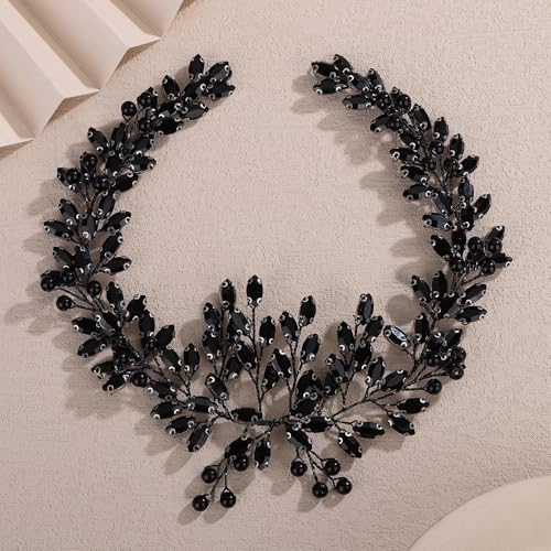 Teyglen Gothic Black Crystal Rhinestone Headband Bridal Crystal Pearl Wedding Hair Vine Simple Rhinestone Hair Piece Halloween Headpiece Costume Hair Accessories for Women(Black)