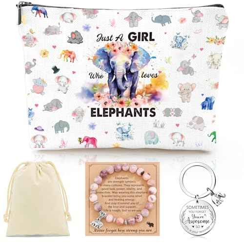 Elephant Gifts for Women - 3Pcs Elephant Lovers Birthday Gifts Set, Cute Cartoon Elephant Makeup Bag Keychain and Healing Bracelets, Christmas Valentines Mother's Day Wedding Gift