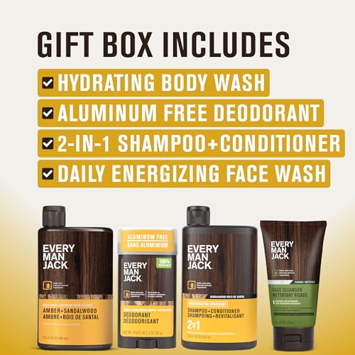 Every Man Jack Men¡¯s Amber + Sandalwood Bath and Body Gift Set - Clean Ingredients & Sandalwood, Amber, and Vetiver scent - Round Out His Routine with Body Wash, 2-in-1 Shampoo, Deodorant & Face Wash
