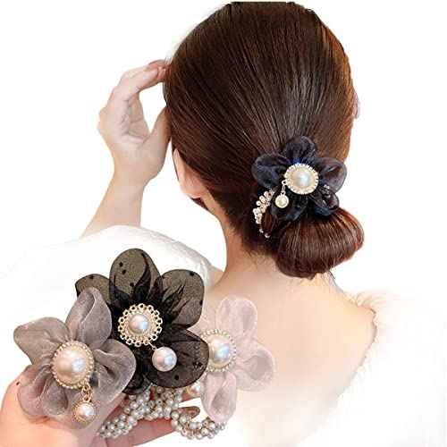 LOVEF Fashion Flowers Pearl Hair Elastic Band,Hair Rope Accessory Ponytail Holder for Lady Women Girls,Set of 4