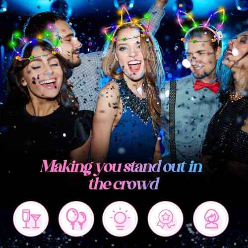 Xinnun 50 Pcs LED Cat Ear Headbands Bulk, Light up Flower Headband Glow Crown Rabbit Ear Head Accessories for Glow in the Dark Party (Unicorn)