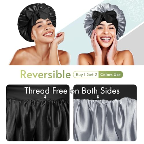BONNET QUEEN Silk Bonnet for Sleeping Satin Bonnet with Tie Hair Wrap Double Layer Sleep Cap for Women Curly Hair, Black Silver