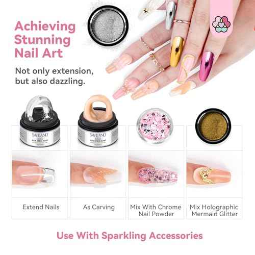 SAVILAND Non Sticky Solid Builder Nail Gel Kit: 4 Color Long-lasting Clear Nude White Pink Solid Hard Gel with Chrome Nail Powder for Nail Extension 3D Sculpting Nail Art Starter Kit DIY Home Salon