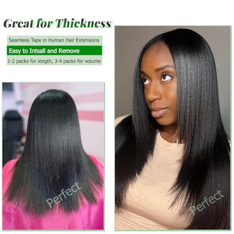 Tape in Hair Extensions Yaki Straight Real Human Hair Tape in Extensions - 24 Inch Long Straight Natural Color Human Hair Extensions Light Yaki Tape ins for Black Women