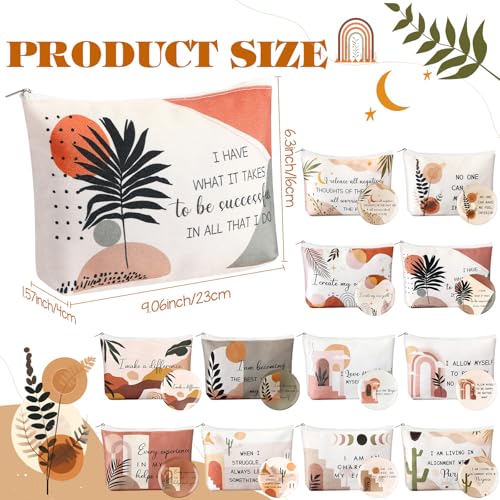 Kacctyen 24 Pcs Positive Affirmation Gift Set 12 Inspirational Canvas Makeup Bags 12 Daily Affirmations Mirrors Bulk Employee Appreciation Gifts for Women Stress Relief Self Care Gift(Bohemia)