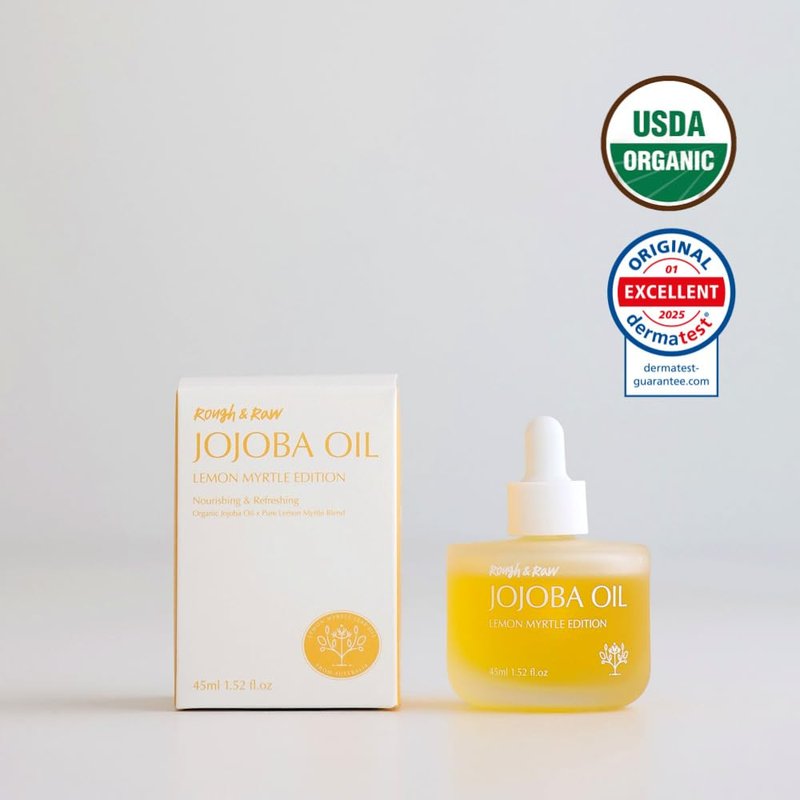 ROUGH & RAW USDA Organic Jojoba Oil with Lemon Myrtle -100% Pure Cold Pressed Unrefined Golden Jojoba for Face, Body, Hair & Nails - Fresh Citrus Scent, Vegan, Cruelty-Free (1.52 fl.oz)