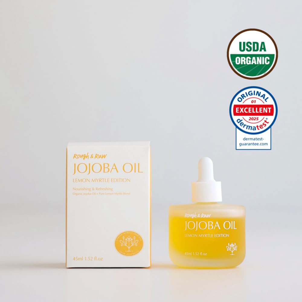 ROUGH & RAW USDA Organic Jojoba Oil with Lemon Myrtle -100% Pure Cold Pressed Unrefined Golden Jojoba for Face, Body, Hair & Nails - Fresh Citrus Scent, Vegan, Cruelty-Free (1.52 fl.oz)