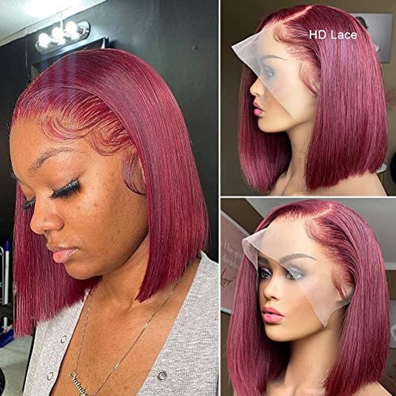 14 Inch 200% Density Red Bob Wig Human Hair 13X4 HD Lace Front Wigs for Black Women Silky Straight Bob Lace Wigs Pre Plucked Hairline Red Wigs