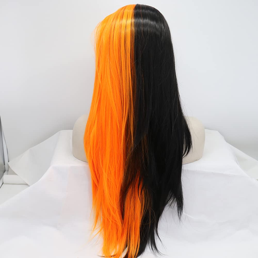 xiweiya Black Orange Half Color Lace Front Wig Long Silky Straight Ginger Orange Wigs Soft Hair Heat Resistant Fiber Wig 150% Density Hair for Women 26inch