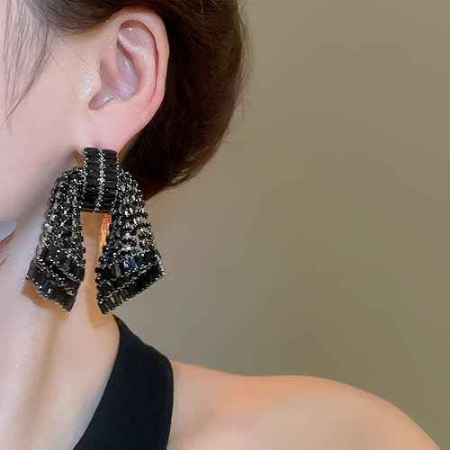 Missgrace Women Silver Hypoallergenic Rhinestone Earrings Dangling Sparkly Black Dangle Earrings Bow Chandelier Earrings Tassel Large Studs Crystal Statement Earrings for Women
