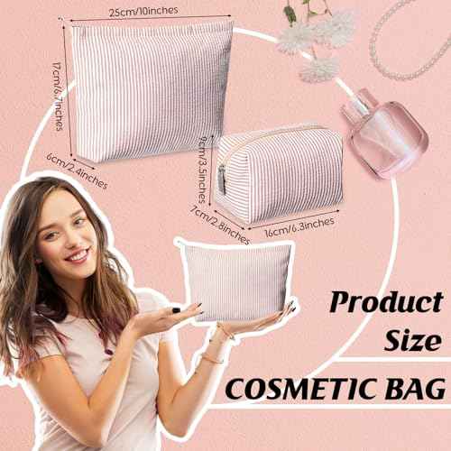 2 Pieces Makeup Bag Set Cute Cosmetic Pouch for Women Seersucker Travel Toiletry Bag Preppy Small Makeup Purse Pouch Aesthetic Skincare Brushes Storage Organizer for Women(Khaki)