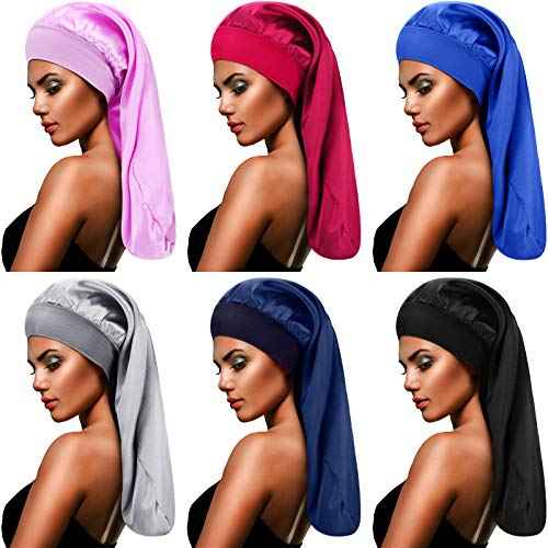 SATINIOR 6 Pcs Long Hair Satin Bonnet for Sleeping Extra Large Sleep Braid Bonnet Elastic Band Silk Night Sleep Hat for Women Long Curly Hair Braids Multi