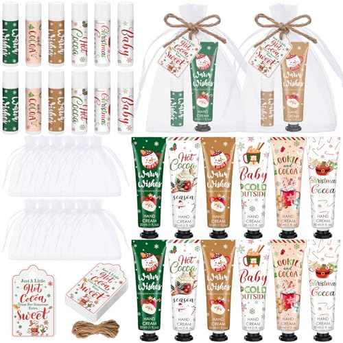 Demissle 12 Pcs Christmas Hot Cocoa Supplies Xmas Party Stuffers Christmas Stocking Favors Xmas Red Green Hand Cream and Lip Balm Gifts Set for Baby Shower Guests