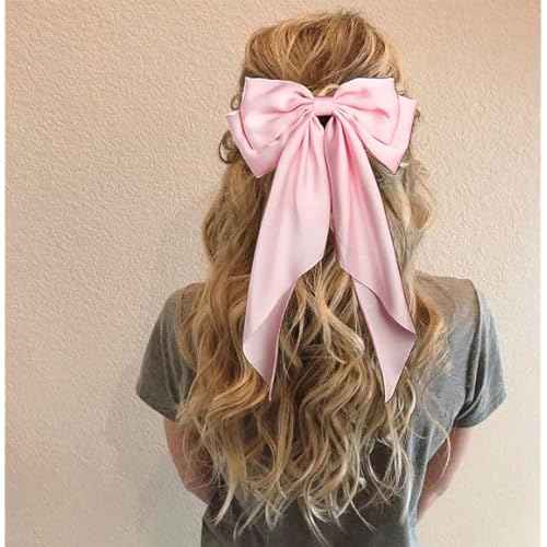 Furling Pompoms Hair Bows for Women,Large Satin Silky Hair Bow Clips Ribbon Long Tail French Barrette Hair Clamps Girls Hair Accessories Party Wedding Christmas Thanksgiving (Popular Colors)