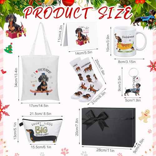 7 Pcs Dachshund Gift Sets for Women Include Weiner Dog Keychain Cosmetic Bag Socks Mug Tote Bag Cards with Gift Box for Christmas Dachshund Lovers Gifts