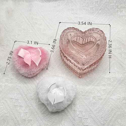 Body Powder Puff and Container - Glass Heart Dusting Powder Container with 2 Soft Puffs Vintage Powder Puff Case for Women & Girls-GRB007-Pink