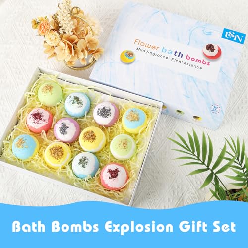 Bath Bombs for Women, USIN Natural Bubble Bath Balls Gift Set, Pack of 12 Pcs Multiple Bath Bomb, SPA Relaxing, Self Care, Gifts for Women, Men, Girls, Boys, Natural Flower Petals, 3.53 Oz Large Size