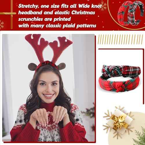 Yilloog 12 Pcs Christmas Knotted Retro Hair Band Snowflake Buffalo Plaid Headband Green Red for Women Wide Accessories Holiday Hoop Hairband for Yoga Run Work