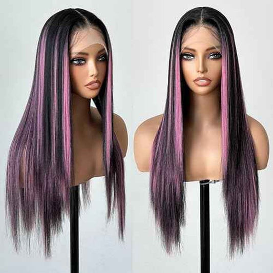 X-TRESS Highlight Pink and Black Wig 13x4x1 HD Lace Front Wigs Pre-plucked with Baby Hair 26Inch Straight Synthetic for white Women black Pink Highlight T-part Lace Halloween Wigs