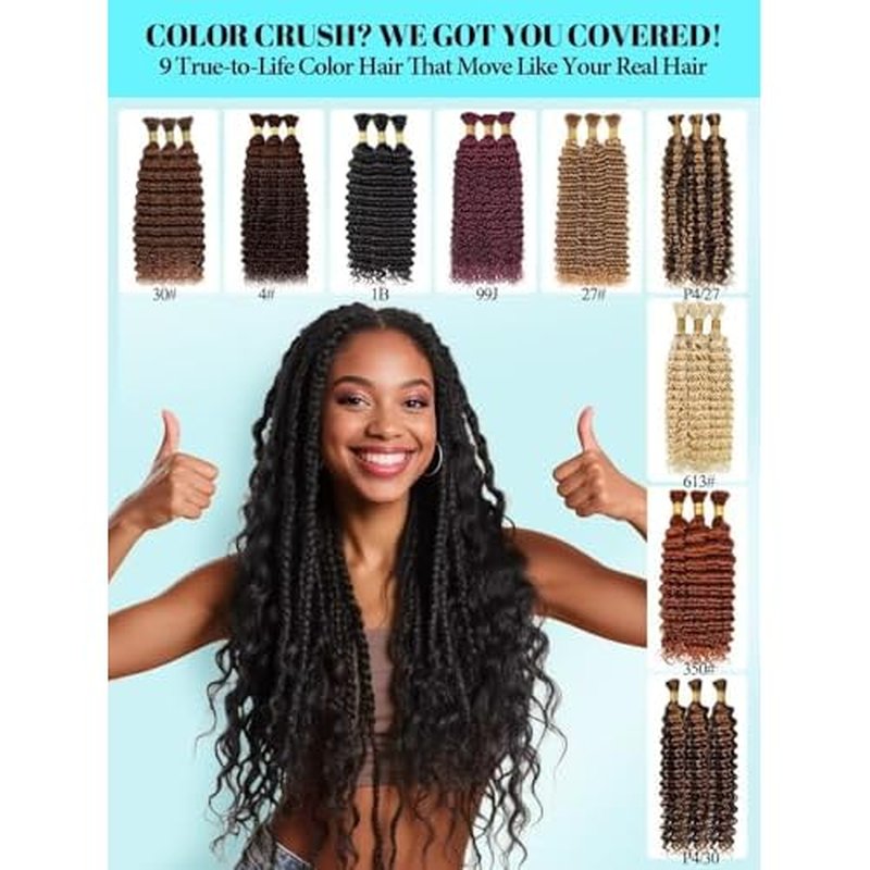 12A #30 Auburn Brown Human Braiding Hair for Boho Braids 3 Bundles 18 Inch 100g Deep Wave Braiding Hair for Bohemian Knotless Braids 100% Unprocessed Virgin Bulk Hair Extensions No Weft