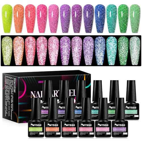 MTSSII Reflective Glitter Neon Gel Nail Polish Set, 12 Colors Gel Nail Polish Set Nails Gel Blue Hot Pink Purple Green Soak Off Uv Led Gel Nail Polish Kit Nail Gift for Her