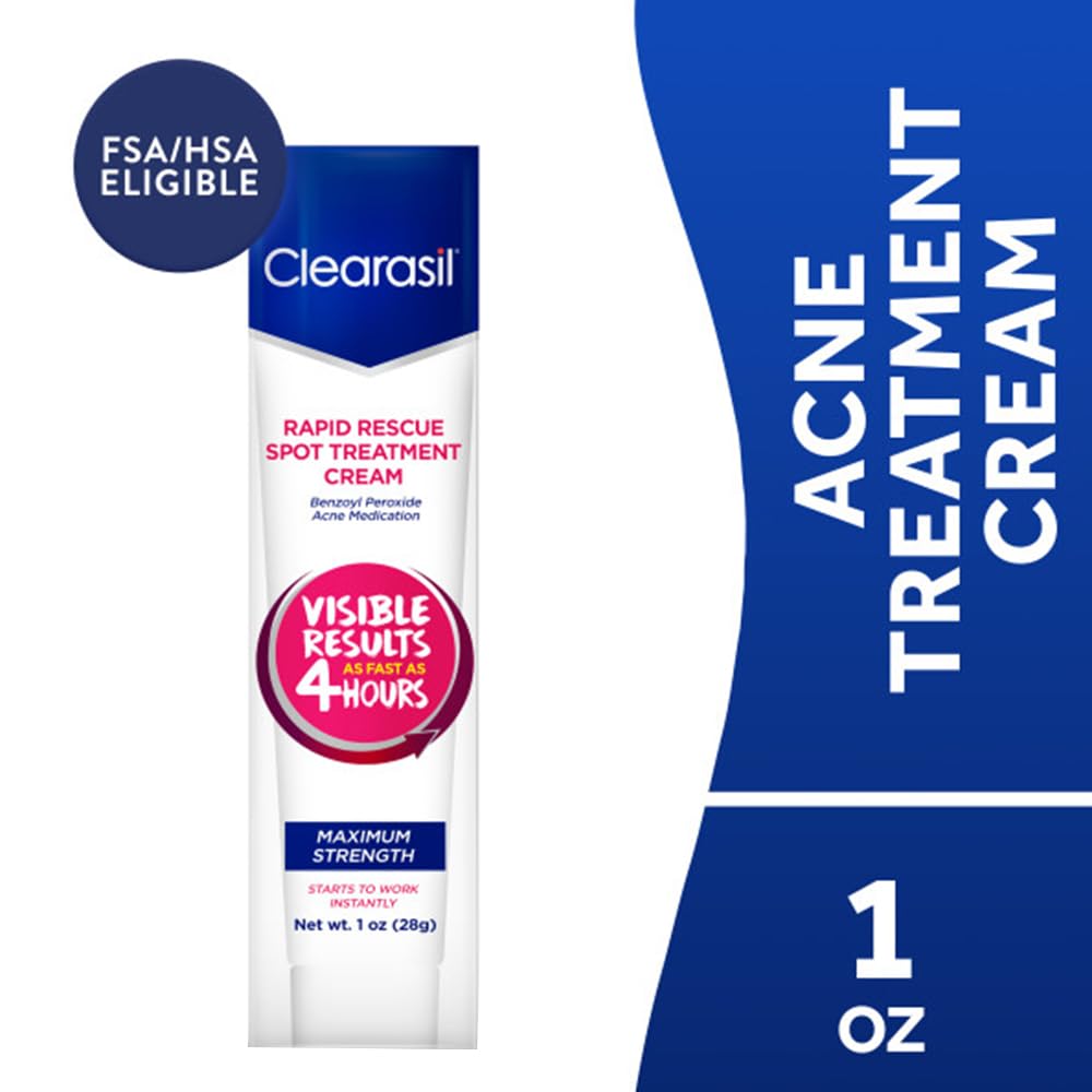 Clearasil, Cream Rapid Rescue Spot Cream with Benzoyl Peroxide Medication for Relief in as fast as 4 hours, Vanishing Acne Treatment, 1 Ounce
