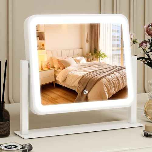 Vanity Mirror with Lights, 14"¡¿12" LED Makeup Mirror, Lighted Makeup Mirror with Lights, Smart Touch Control 3 Colors Dimmable, Lighted Up Mirror for Makeup Desk, Bedroom, 360¡Æ Rotation