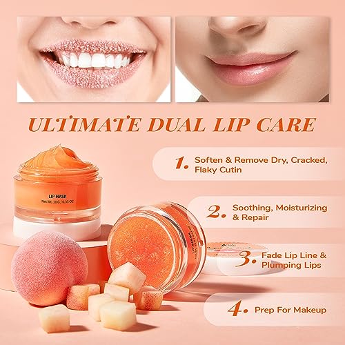 ANAI RUI Lip Care Kit - Mask & Scrub Set, Gift for Mother Girls, Overnight Treatment With Sleeping Mask & Sugar Exfoliator, Moisturizer for Dry, Chapped, Dark Lips, Peach