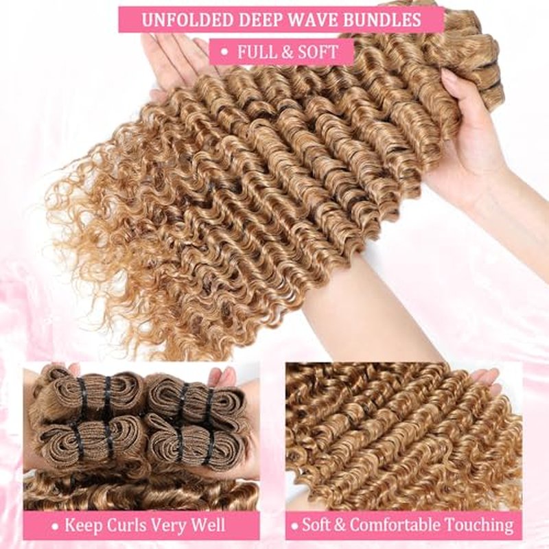 Honey Blonde Deep Wave Human Hair Bundles For Women 12A 27# Color Human Hair Bundles Wet and Wavy 24 Inch Blonde Deep Curly Hair One Bundle