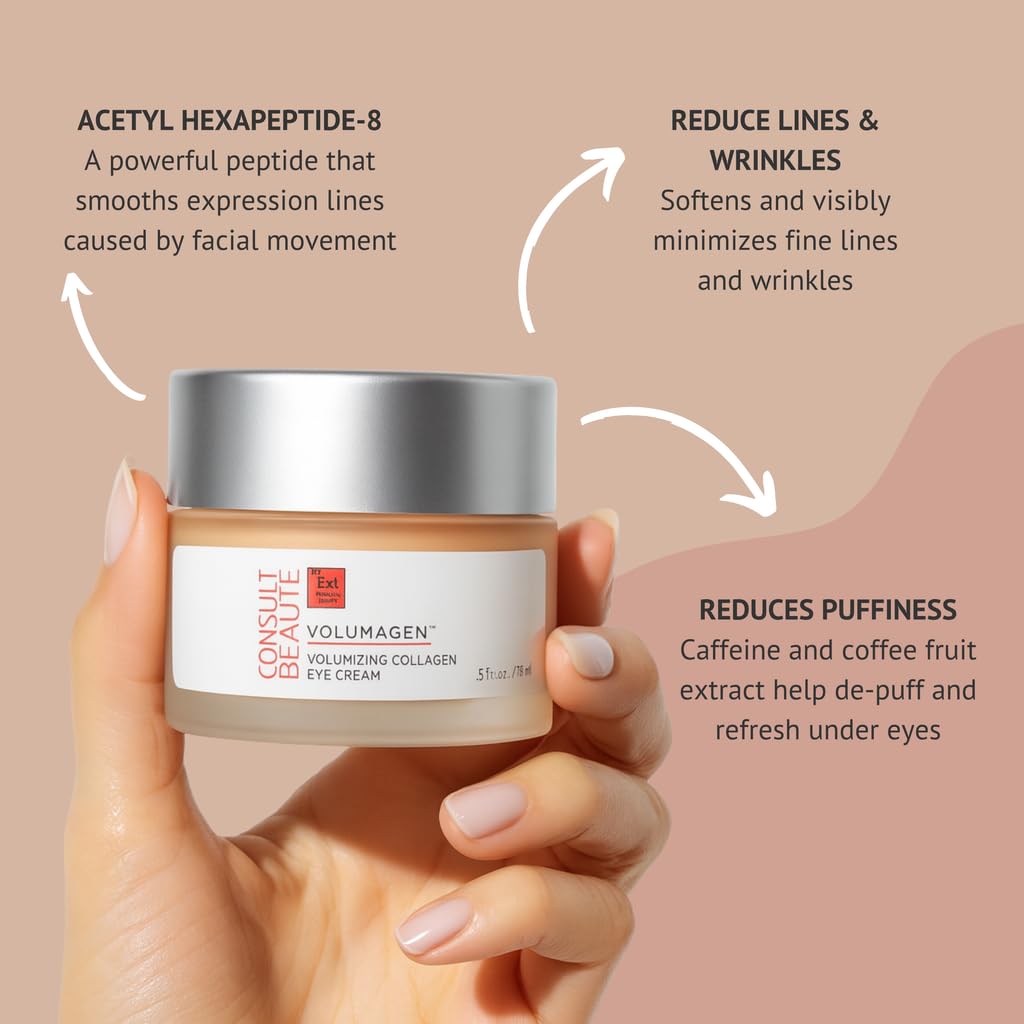 Consult Beaute VOLUMAGEN COLLAGEN EYE CREAM with Hyaluronic Acid, Hydrating, Skin Plumping - Targets Deep Under Eye Hollows, Visibly Smoothen Lines & Wrinkles 0.5 oz