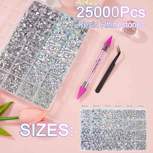Canvalite 25000PCS Resin Jelly Rhinestones for Crafting,Clear AB Flatback Gems, Bedazzling Crystal with 5 X 2.5g B7000 Jewelry Glue and Tweezers and Dotting Pen for DIY Crafts Clothing Shoes Nail Art