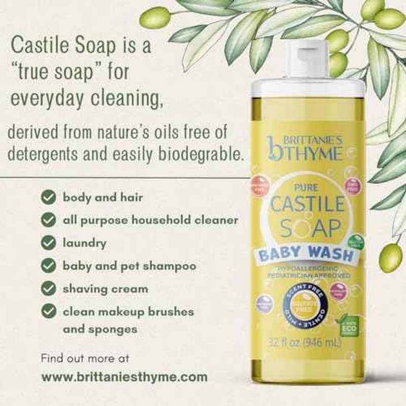 Brittanie¡¯s Pure Castile Liquid Soap Refill, Baby, 32 Ounce Pack of 2 | Dish Soap, Hair & Body, Home, Gentle and Pure, Made with Natural Luxurious Oils, Vegan & Gluten Free Non-GMO