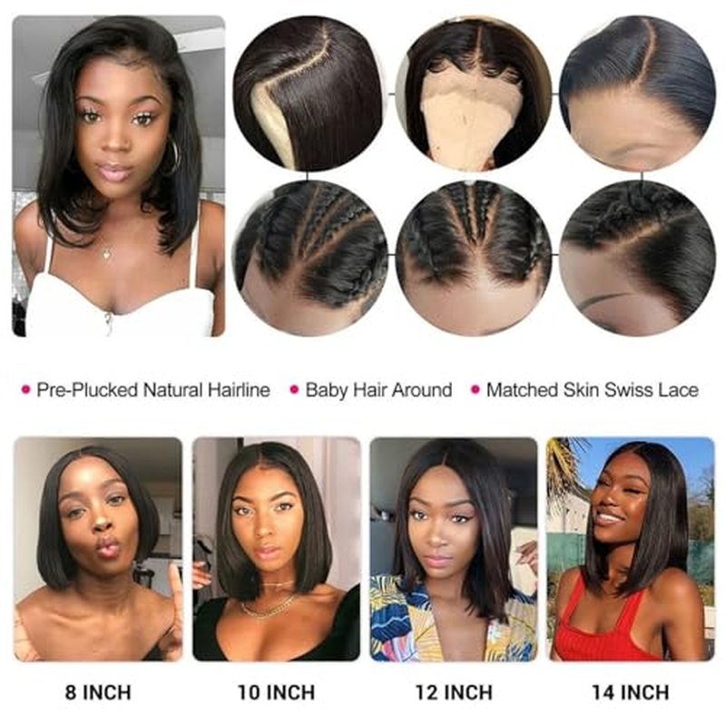 Short Straight Bob Wig Human Hair 13x4 HD Lace Front Bob Wigs 200 Density 10 Inch Glueless Bob Wigs Pre Plucked with Baby Hair Transparent Lace Frontal Short Bob Wig for Women Natural Black