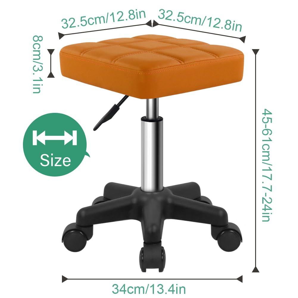 FURWOO Square Swivel Rolling Stool with Wheels PU Leather Height Adjustable Chair for Spa Salon Massage Pale Brown