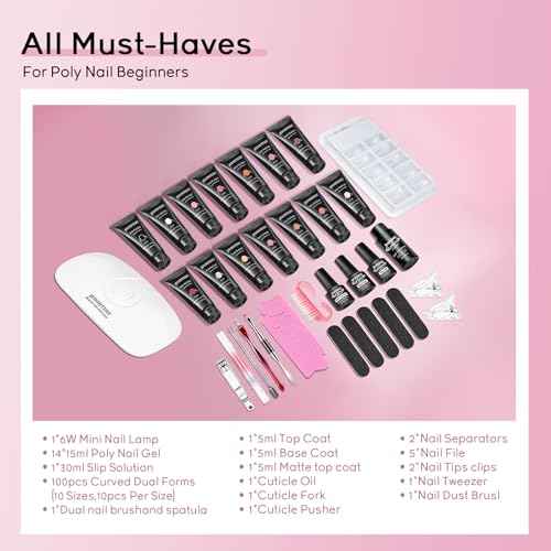 JEWHITENY Poly Extension Gel Nail Kit 14 PCS Poly Gel Kit with Slip Solution and Mini Lamp Nail Art Design Beginner