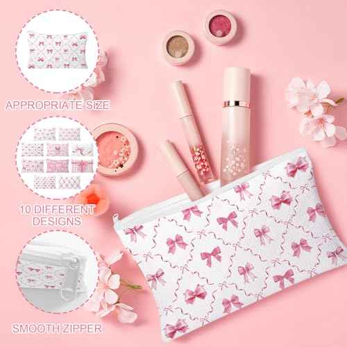 30pcs Pink Bow Makeup Bag Coquette Cosmetic Bags for Women Elegant Bow Preppy Pink Pouch Travel Toiletry Bag Bow Themed Gifts for Women Teens Teen Girls