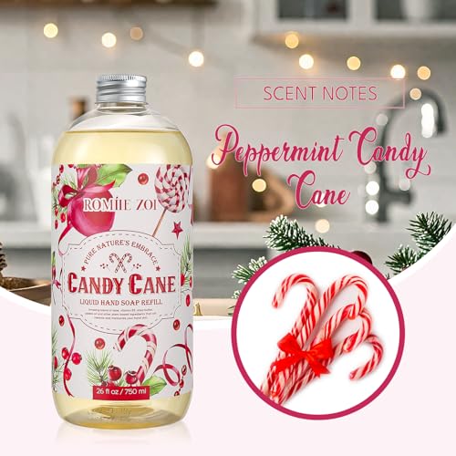 ROMIIE ZOI Christmas Liquid Hand Soap Refill- Candy Cane- Infused with Peppermint Candy Cane Aroma, Gentle & Moisturizing Formula for Home & Kitchen, 750 ML/ 26 FL OZ