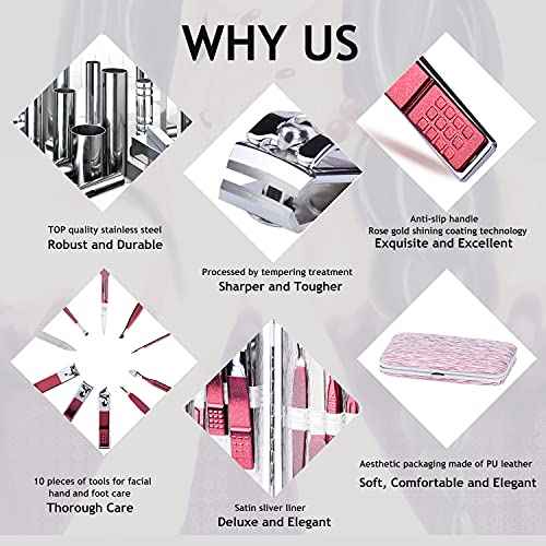 Manicure Set 10 in 1 Stainless Steel, Nail Clippers Scissors Pedicure Tools Kit - Portable Travel Grooming Kit for Men and Women with Leather Case (Rose Red)