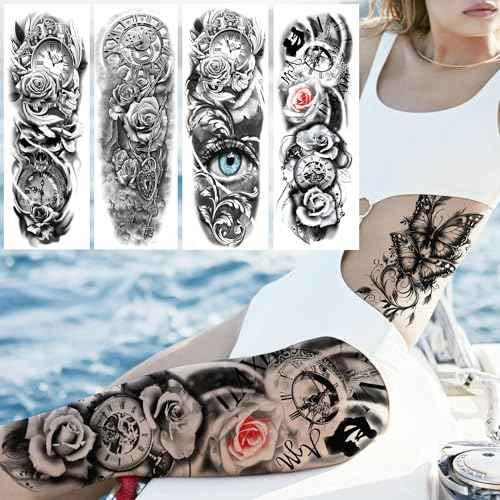 20 Sheets Sexy Rose Flower Full Arm Sleeve Temporary Tattoos For Women Adults Thigh, Half Arm Sleeve Tattoos For Men Angel Anchor Peace Dove Eagle Owl Compass Eye, Black Halloween Fake Tattoo Stickers
