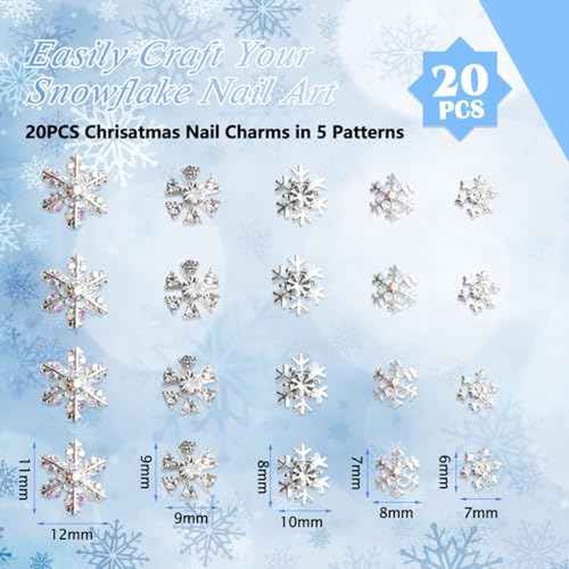20PCS Silver Snowflake Nail Charms for DIY Christmas Nails