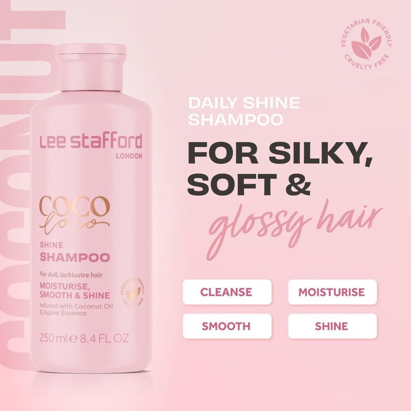 Lee Stafford Shine Shampoo | Coco Loco - Best Moisturizing Lightweight Shampoo for Dry, Dull Hair, Radiant High Gloss Sleek Silk Shiny Finish, Packed with Coconut Oil for Rich Moisture, 250 ml