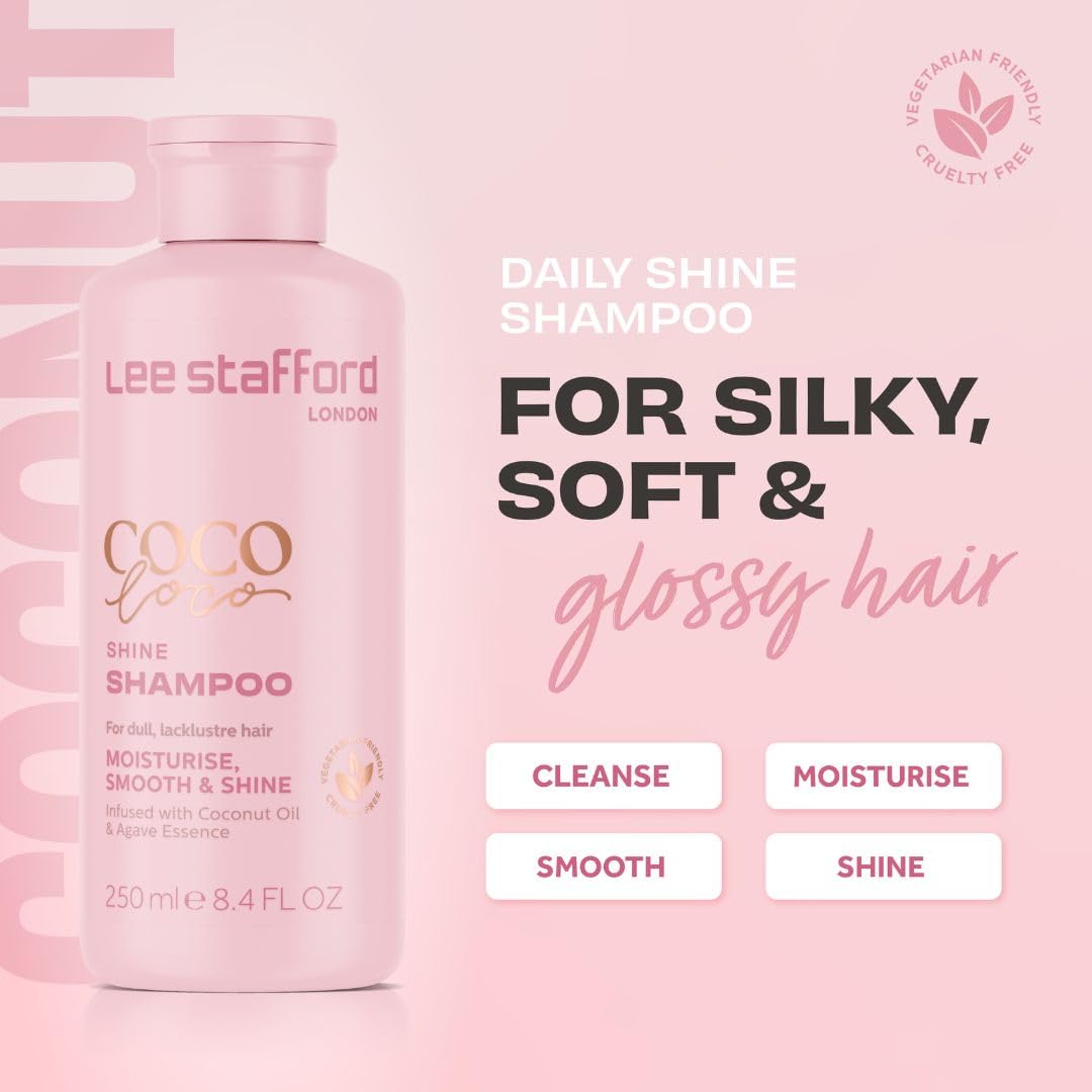Lee Stafford Shine Shampoo | Coco Loco - Best Moisturizing Lightweight Shampoo for Dry, Dull Hair, Radiant High Gloss Sleek Silk Shiny Finish, Packed with Coconut Oil for Rich Moisture, 250 ml